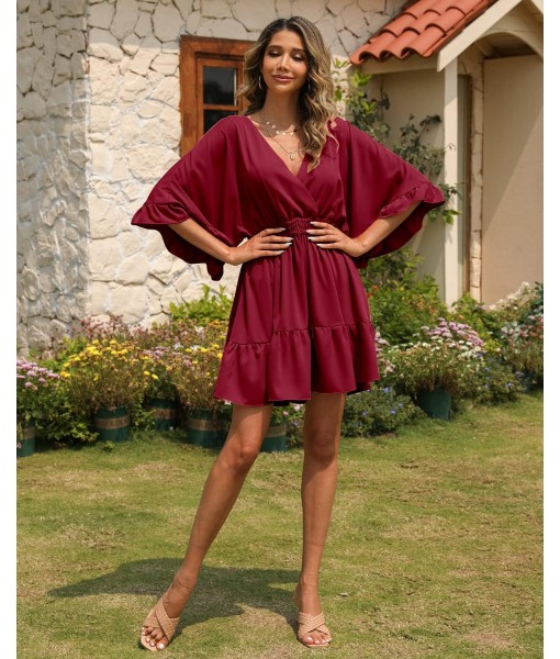 Aoysky Womens V Neck Casual Dresses Summer Loose High Waist Ruffle Pleated Cute Mini Short Dress