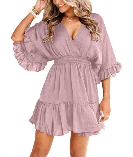 Aoysky Womens V Neck Casual Dresses Summer Loose High Waist Ruffle Pleated Cute Mini Short Dress