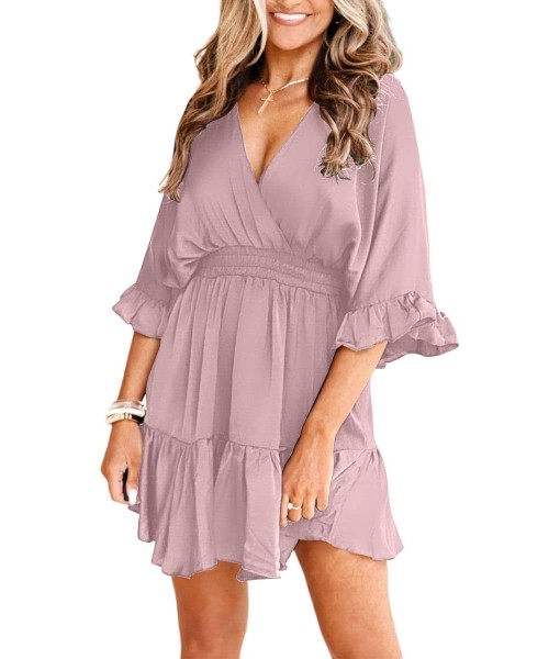 Aoysky Womens V Neck Casual Dresses Summer Loose High Waist Ruffle Pleated Cute Mini Short Dress