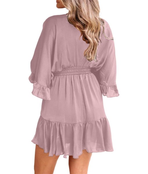 Aoysky Womens V Neck Casual Dresses Summer Loose High Waist Ruffle Pleated Cute Mini Short Dress