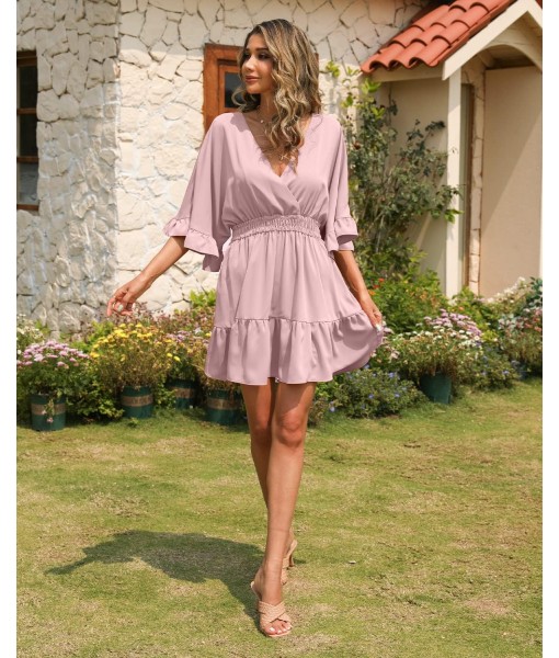 Aoysky Womens V Neck Casual Dresses Summer Loose High Waist Ruffle Pleated Cute Mini Short Dress