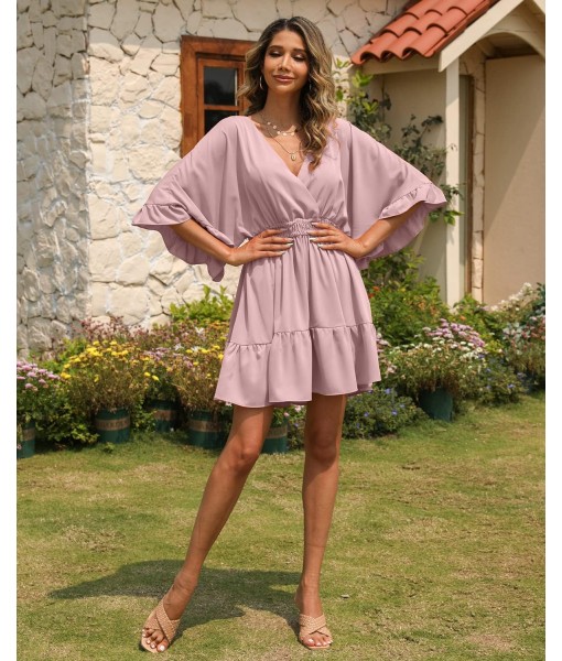 Aoysky Womens V Neck Casual Dresses Summer Loose High Waist Ruffle Pleated Cute Mini Short Dress