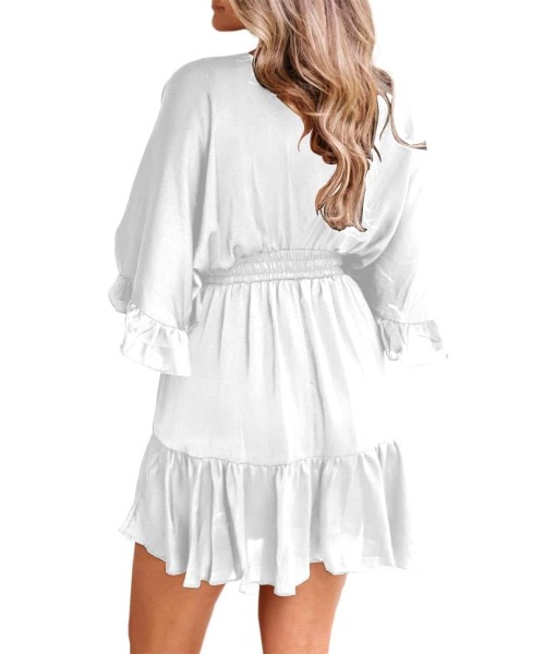 Aoysky Womens V Neck Casual Dresses Summer Loose High Waist Ruffle Pleated Cute Mini Short Dress