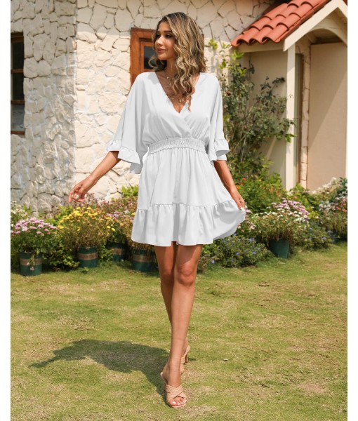 Aoysky Womens V Neck Casual Dresses Summer Loose High Waist Ruffle Pleated Cute Mini Short Dress