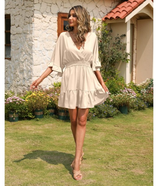 Aoysky Womens V Neck Casual Dresses Summer Loose High Waist Ruffle Pleated Cute Mini Short Dress