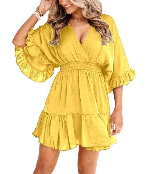Aoysky Womens V Neck Casual Dresses Summer Loose High Waist Ruffle Pleated Cute Mini Short Dress