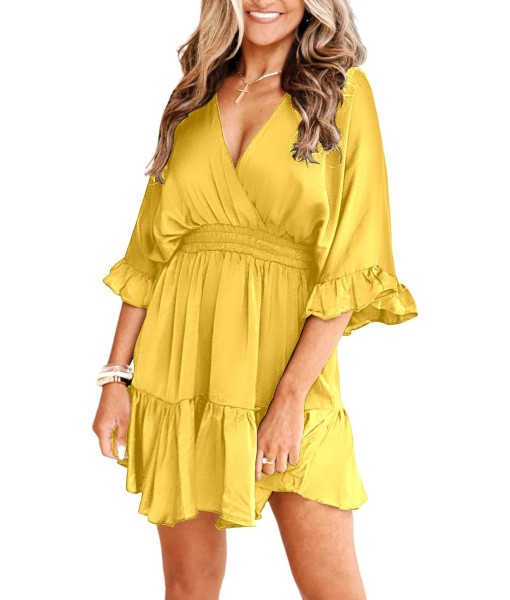 Aoysky Womens V Neck Casual Dresses Summer Loose High Waist Ruffle Pleated Cute Mini Short Dress