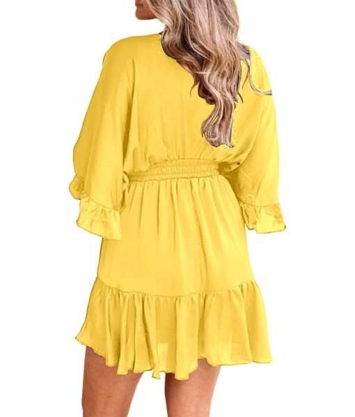 Aoysky Womens V Neck Casual Dresses Summer Loose High Waist Ruffle Pleated Cute Mini Short Dress