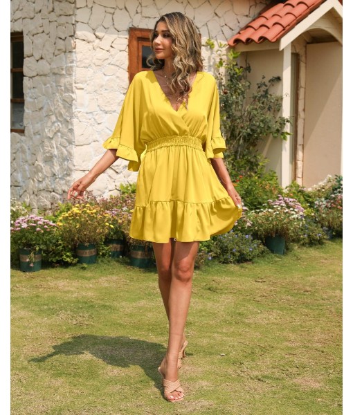 Aoysky Womens V Neck Casual Dresses Summer Loose High Waist Ruffle Pleated Cute Mini Short Dress