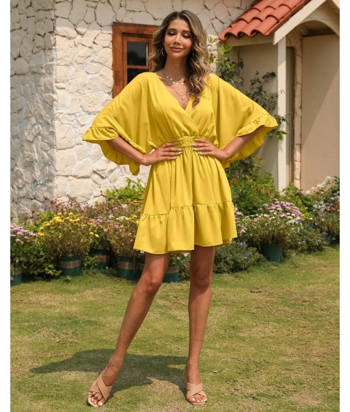 Aoysky Womens V Neck Casual Dresses Summer Loose High Waist Ruffle Pleated Cute Mini Short Dress