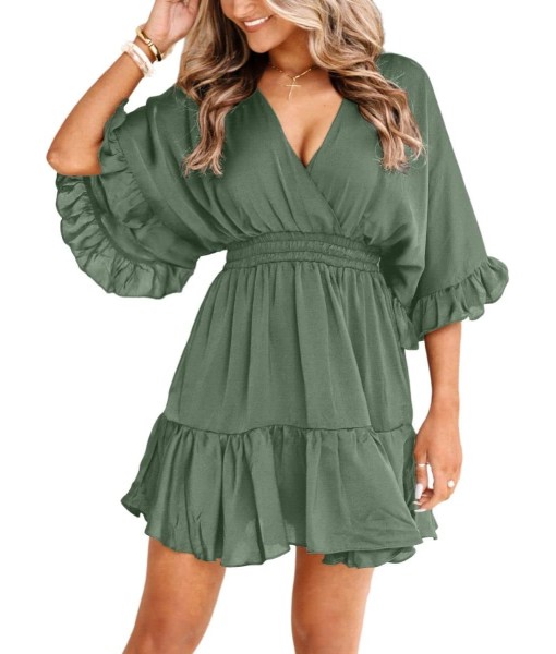 Aoysky Womens V Neck Casual Dresses Summer Loose High Waist Ruffle Pleated Cute Mini Short Dress