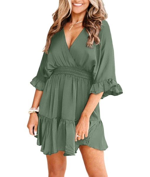 Aoysky Womens V Neck Casual Dresses Summer Loose High Waist Ruffle Pleated Cute Mini Short Dress