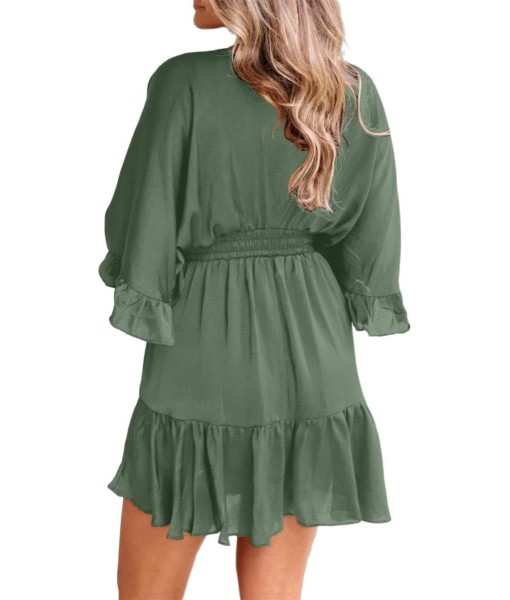 Aoysky Womens V Neck Casual Dresses Summer Loose High Waist Ruffle Pleated Cute Mini Short Dress