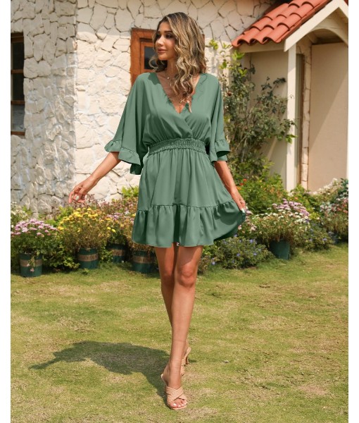 Aoysky Womens V Neck Casual Dresses Summer Loose High Waist Ruffle Pleated Cute Mini Short Dress