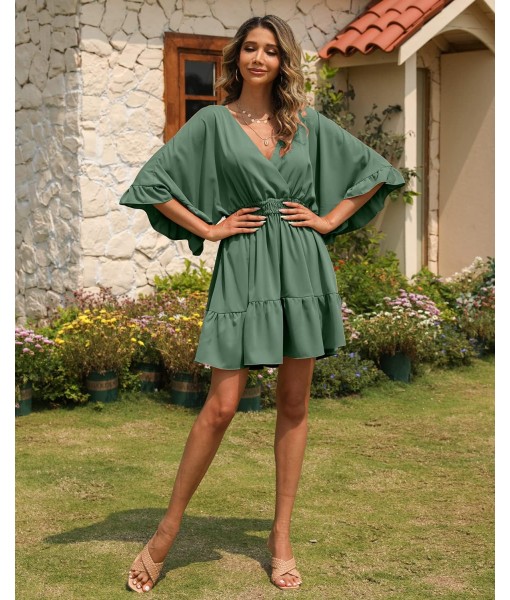 Aoysky Womens V Neck Casual Dresses Summer Loose High Waist Ruffle Pleated Cute Mini Short Dress