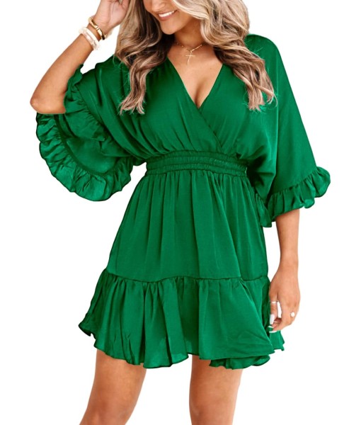 Aoysky Womens V Neck Casual Dresses Summer Loose High Waist Ruffle Pleated Cute Mini Short Dress