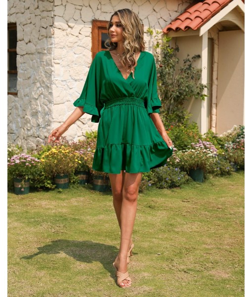 Aoysky Womens V Neck Casual Dresses Summer Loose High Waist Ruffle Pleated Cute Mini Short Dress