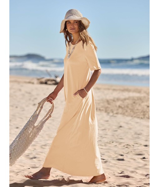 MEROKEETY Women's 2025 Summer Maxi Dress Casual Short Sleeve Beach Vacation Crewneck Basic Long T Shirt Dresses