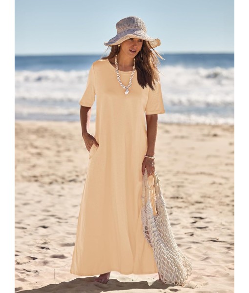 MEROKEETY Women's 2025 Summer Maxi Dress Casual Short Sleeve Beach Vacation Crewneck Basic Long T Shirt Dresses