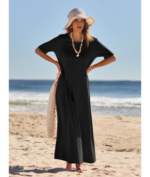MEROKEETY Women's 2025 Summer Maxi Dress Casual Short Sleeve Beach Vacation Crewneck Basic Long T Shirt Dresses