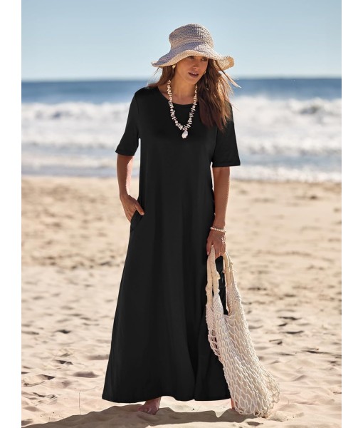MEROKEETY Women's 2025 Summer Maxi Dress Casual Short Sleeve Beach Vacation Crewneck Basic Long T Shirt Dresses