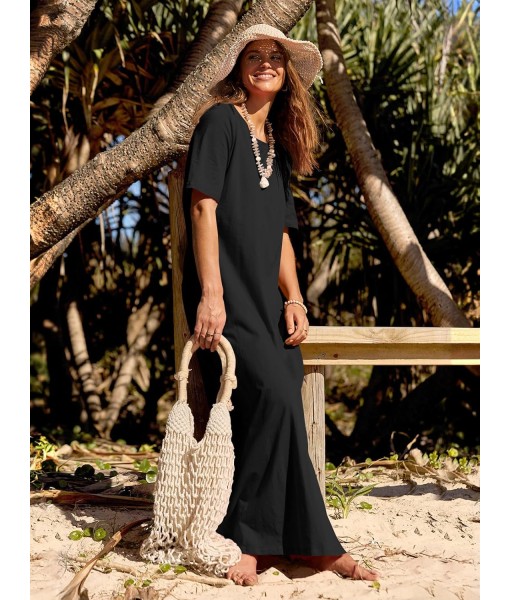 MEROKEETY Women's 2025 Summer Maxi Dress Casual Short Sleeve Beach Vacation Crewneck Basic Long T Shirt Dresses