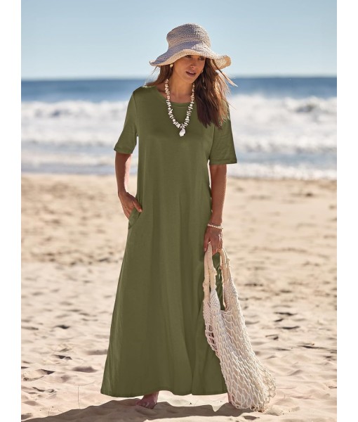 MEROKEETY Women's 2025 Summer Maxi Dress Casual Short Sleeve Beach Vacation Crewneck Basic Long T Shirt Dresses