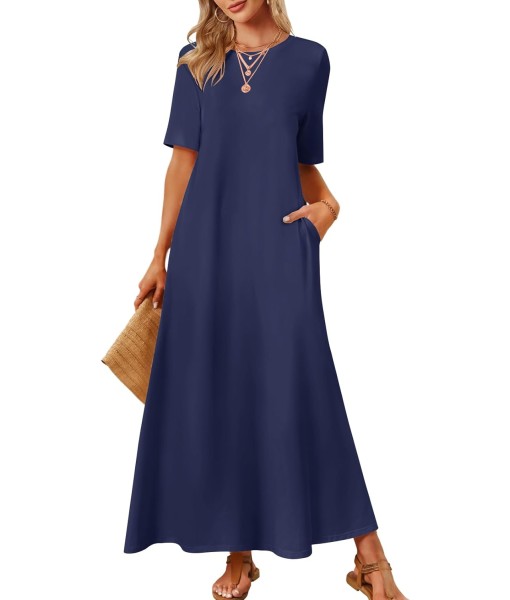 MEROKEETY Women's 2025 Summer Maxi Dress Casual Short Sleeve Beach Vacation Crewneck Basic Long T Shirt Dresses