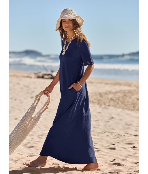 MEROKEETY Women's 2025 Summer Maxi Dress Casual Short Sleeve Beach Vacation Crewneck Basic Long T Shirt Dresses