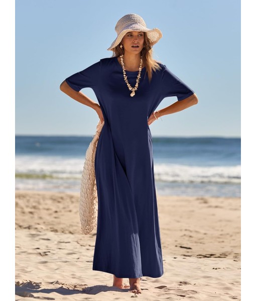 MEROKEETY Women's 2025 Summer Maxi Dress Casual Short Sleeve Beach Vacation Crewneck Basic Long T Shirt Dresses