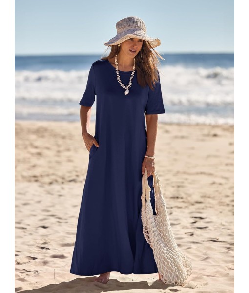 MEROKEETY Women's 2025 Summer Maxi Dress Casual Short Sleeve Beach Vacation Crewneck Basic Long T Shirt Dresses