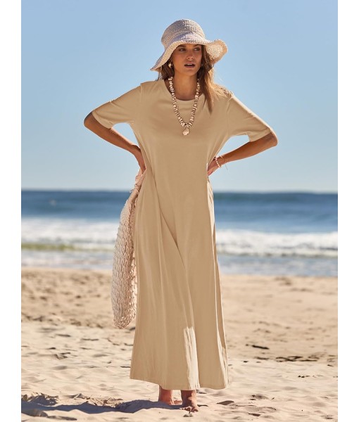 MEROKEETY Women's 2025 Summer Maxi Dress Casual Short Sleeve Beach Vacation Crewneck Basic Long T Shirt Dresses