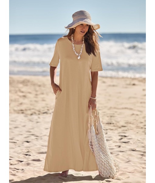 MEROKEETY Women's 2025 Summer Maxi Dress Casual Short Sleeve Beach Vacation Crewneck Basic Long T Shirt Dresses