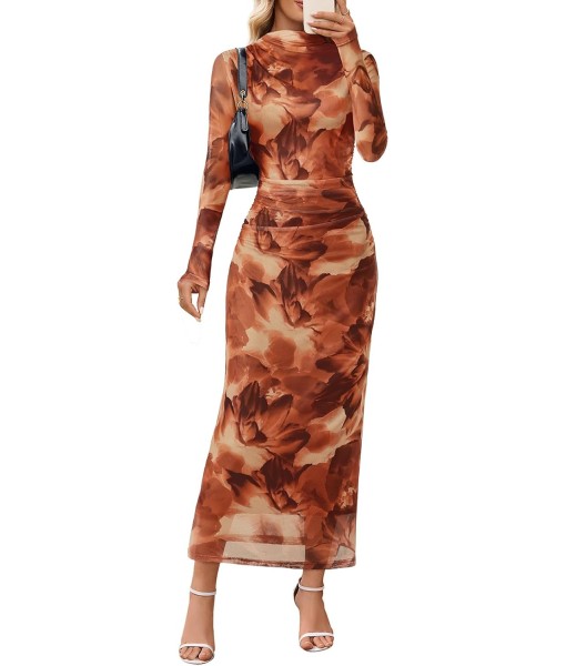 MEROKEETY Women's Long Sleeve Fall Wedding Guest Dress 2025 Bodycon Floral Mesh Ruched Cocktail Maxi Dresses