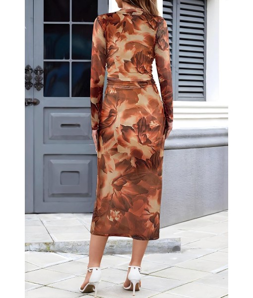 MEROKEETY Women's Long Sleeve Fall Wedding Guest Dress 2025 Bodycon Floral Mesh Ruched Cocktail Maxi Dresses