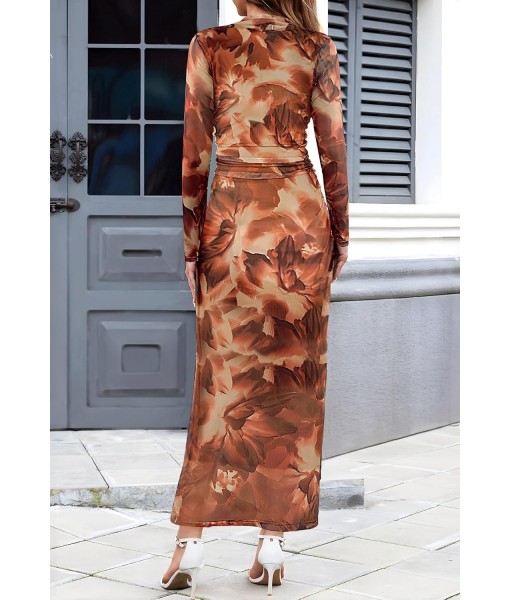 MEROKEETY Women's Long Sleeve Fall Wedding Guest Dress 2025 Bodycon Floral Mesh Ruched Cocktail Maxi Dresses