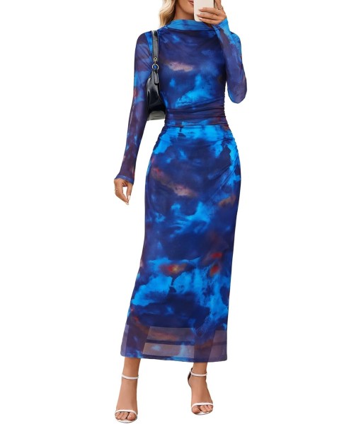 MEROKEETY Women's Long Sleeve Fall Wedding Guest Dress 2025 Bodycon Floral Mesh Ruched Cocktail Maxi Dresses