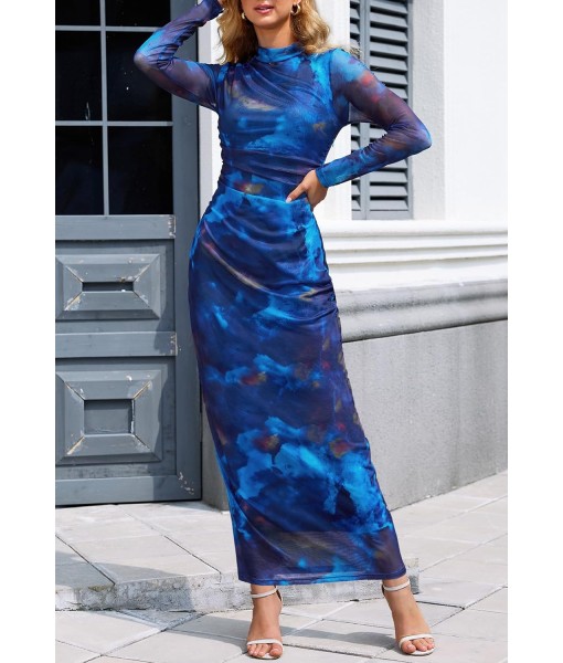 MEROKEETY Women's Long Sleeve Fall Wedding Guest Dress 2025 Bodycon Floral Mesh Ruched Cocktail Maxi Dresses