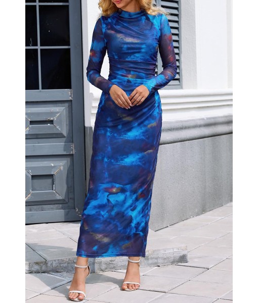 MEROKEETY Women's Long Sleeve Fall Wedding Guest Dress 2025 Bodycon Floral Mesh Ruched Cocktail Maxi Dresses