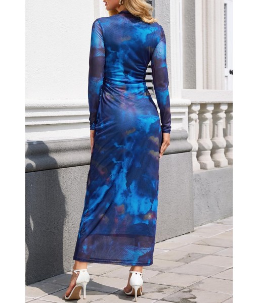 MEROKEETY Women's Long Sleeve Fall Wedding Guest Dress 2025 Bodycon Floral Mesh Ruched Cocktail Maxi Dresses