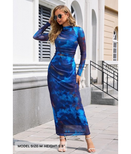 MEROKEETY Women's Long Sleeve Fall Wedding Guest Dress 2025 Bodycon Floral Mesh Ruched Cocktail Maxi Dresses