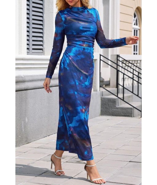 MEROKEETY Women's Long Sleeve Fall Wedding Guest Dress 2025 Bodycon Floral Mesh Ruched Cocktail Maxi Dresses