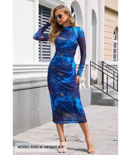 MEROKEETY Women's Long Sleeve Fall Wedding Guest Dress 2025 Bodycon Floral Mesh Ruched Cocktail Maxi Dresses