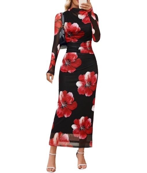 MEROKEETY Women's Long Sleeve Fall Wedding Guest Dress 2025 Bodycon Floral Mesh Ruched Cocktail Maxi Dresses