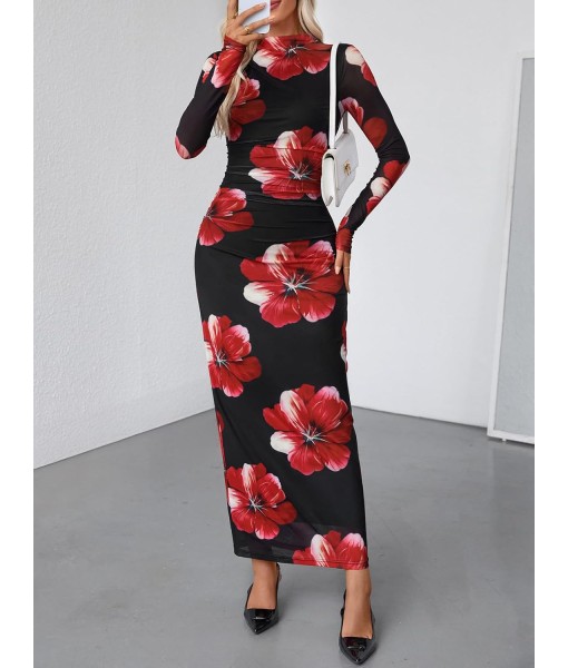 MEROKEETY Women's Long Sleeve Fall Wedding Guest Dress 2025 Bodycon Floral Mesh Ruched Cocktail Maxi Dresses
