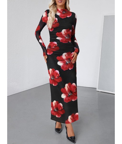 MEROKEETY Women's Long Sleeve Fall Wedding Guest Dress 2025 Bodycon Floral Mesh Ruched Cocktail Maxi Dresses