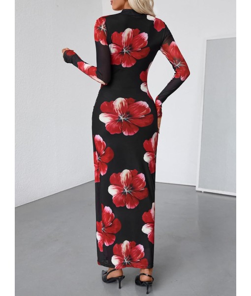 MEROKEETY Women's Long Sleeve Fall Wedding Guest Dress 2025 Bodycon Floral Mesh Ruched Cocktail Maxi Dresses