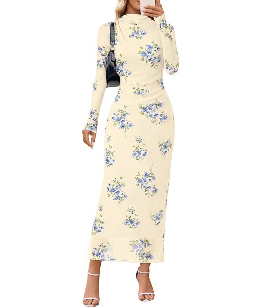 MEROKEETY Women's Long Sleeve Fall Wedding Guest Dress 2025 Bodycon Floral Mesh Ruched Cocktail Maxi Dresses