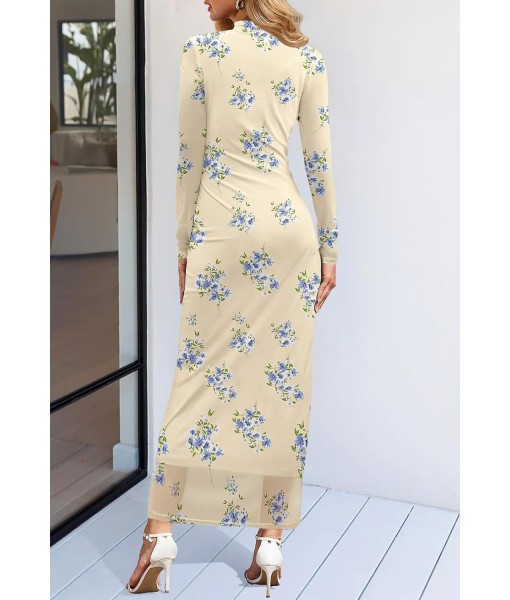MEROKEETY Women's Long Sleeve Fall Wedding Guest Dress 2025 Bodycon Floral Mesh Ruched Cocktail Maxi Dresses