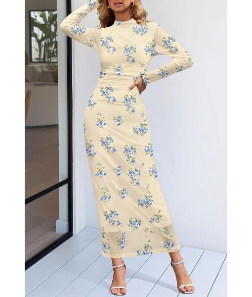 MEROKEETY Women's Long Sleeve Fall Wedding Guest Dress 2025 Bodycon Floral Mesh Ruched Cocktail Maxi Dresses